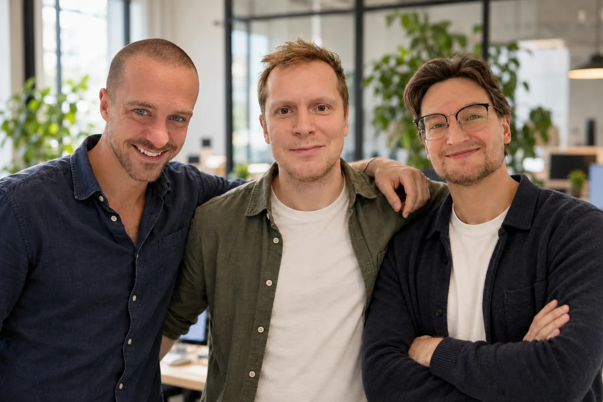 En illustrerad kontorsscen med tre kollegor